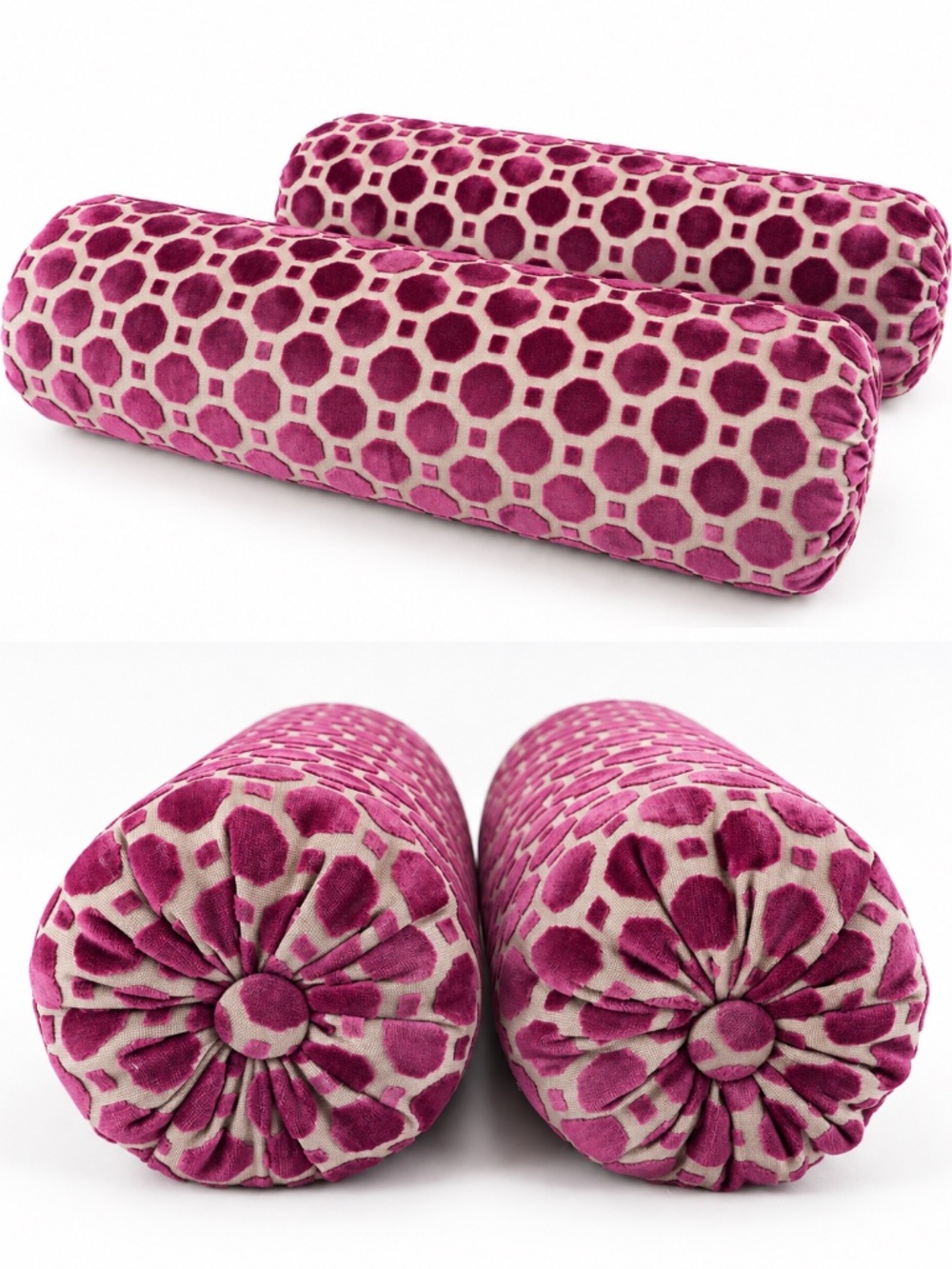 Robert Allen Velvet Geo Magenta Custom Bolster Pillows Pair 18x6